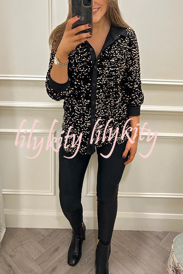 Fashion Velvet Sequined Loose Casual Long-sleeved Shirt