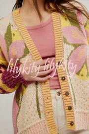 Floral Pattern Loose Long-sleeved Knitted Cardigan