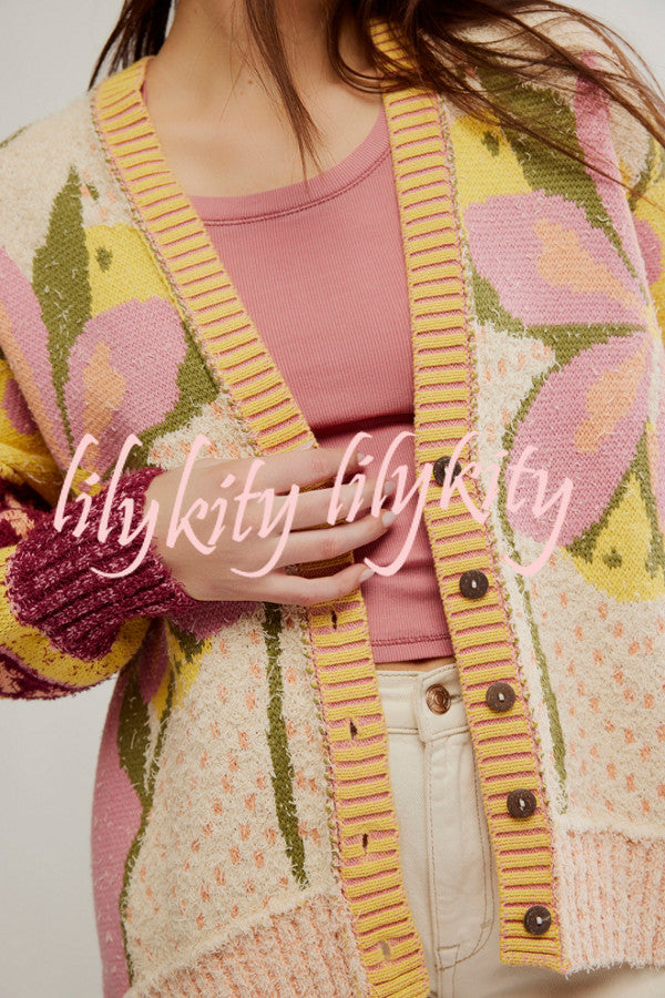 Floral Pattern Loose Long-sleeved Knitted Cardigan