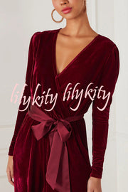 Love One Another Velvet Bow Belted Pocket Cutout Back Loose Jumpsuit