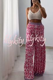 Unique Print Elastic High Waist Tie Pocket Wide Leg Pants