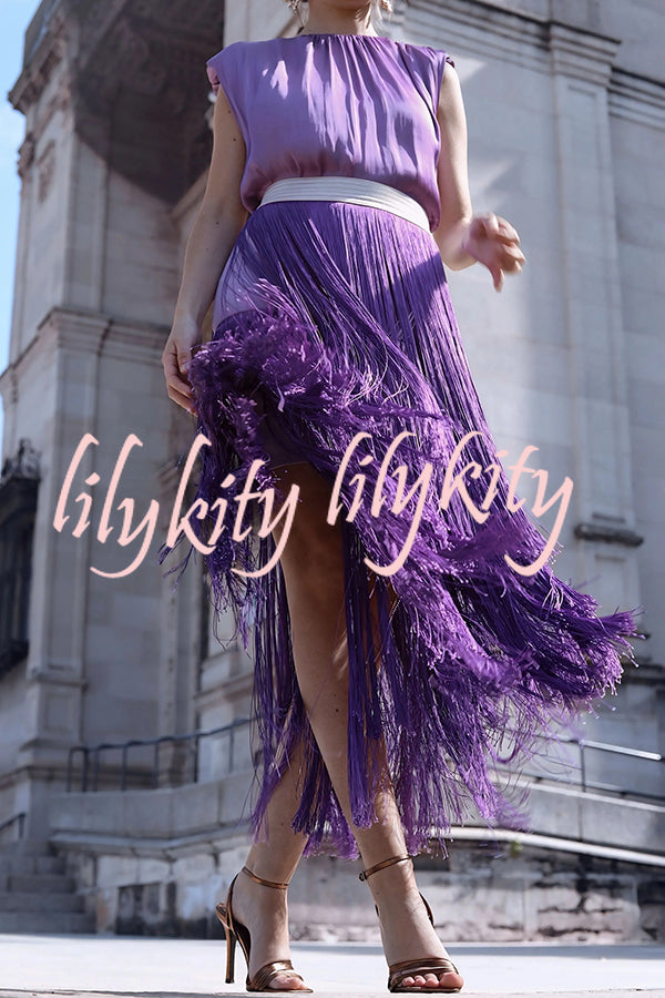 Elegant Tassel Hem Elastic Waist Casual Maxi Skirt