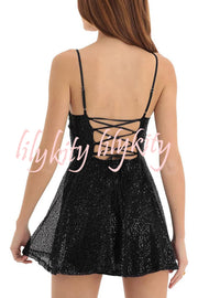 Stylish and Sexy Sequin Sling Backless Lace-up Mini Dress