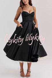 Fairytale Vibe Satin Patchwork Tulle Sweetheart Neck Pocket Stretch Midi Dress