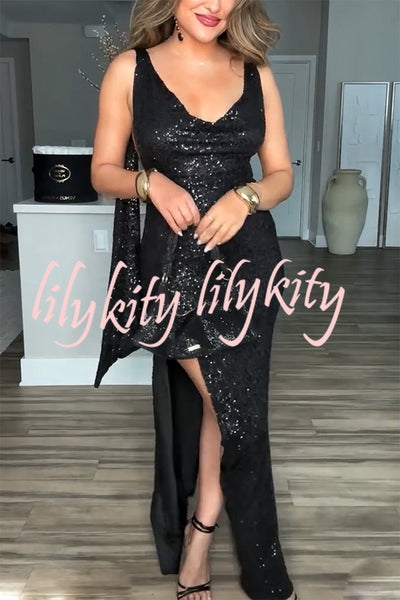 All The Sparkle Sequin Cowl Neck Backless Slit Stretch Maxi Dress