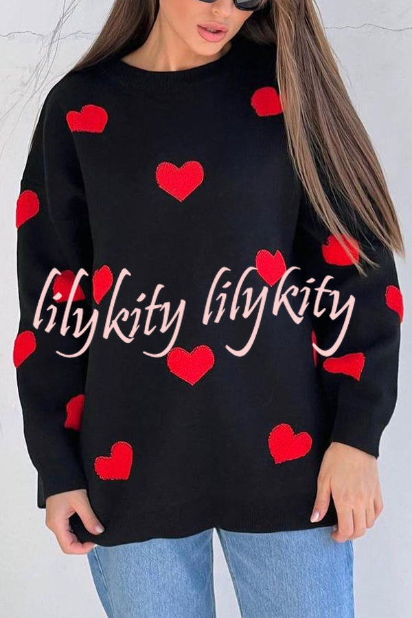 Fashionable Embroidered Love Loose Round Neck Long Sleeve Knitted Sweater