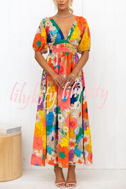 Floral Frenzy Printed Puff Sleeve Back Smocked Maxi Dress