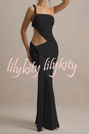 Sexy One-shoulder Backless Ribbon Pleated Slim Maxi Dress