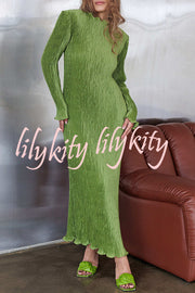 Hansin Satin Pleated Fabric Long Sleeve Wavy Trim H-line Slit Midi Dress