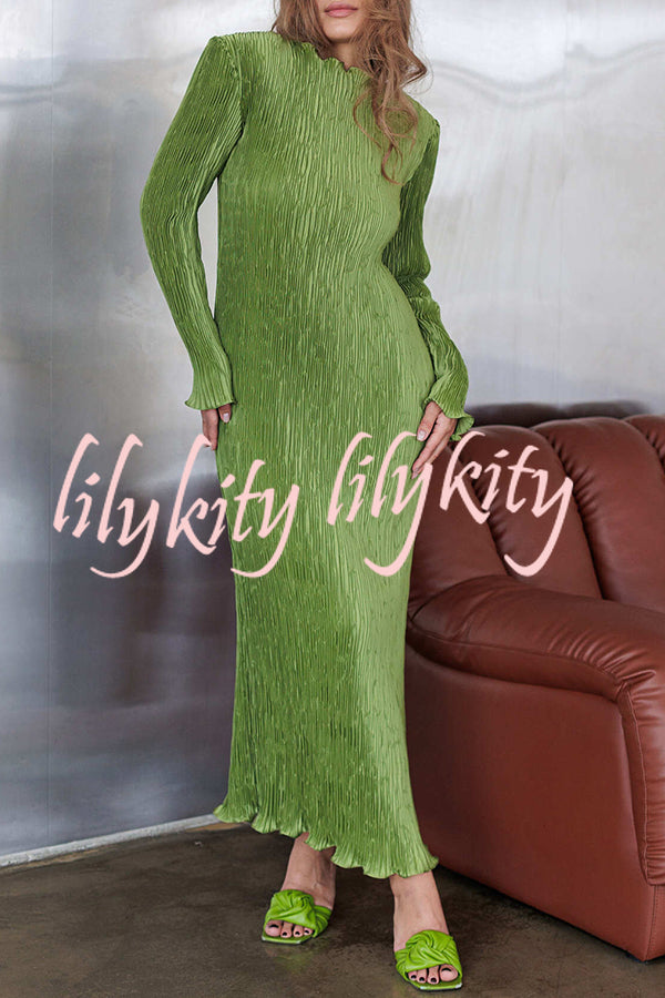 Hansin Satin Pleated Fabric Long Sleeve Wavy Trim H-line Slit Midi Dress