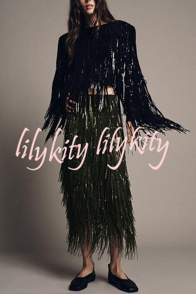 Stylish Sequined Tassel Elegant Midi Skirt