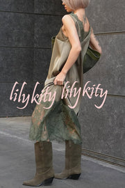 Luxury Winter Satin Lace Trim V-neck Sleeveless H-line Maxi Dress