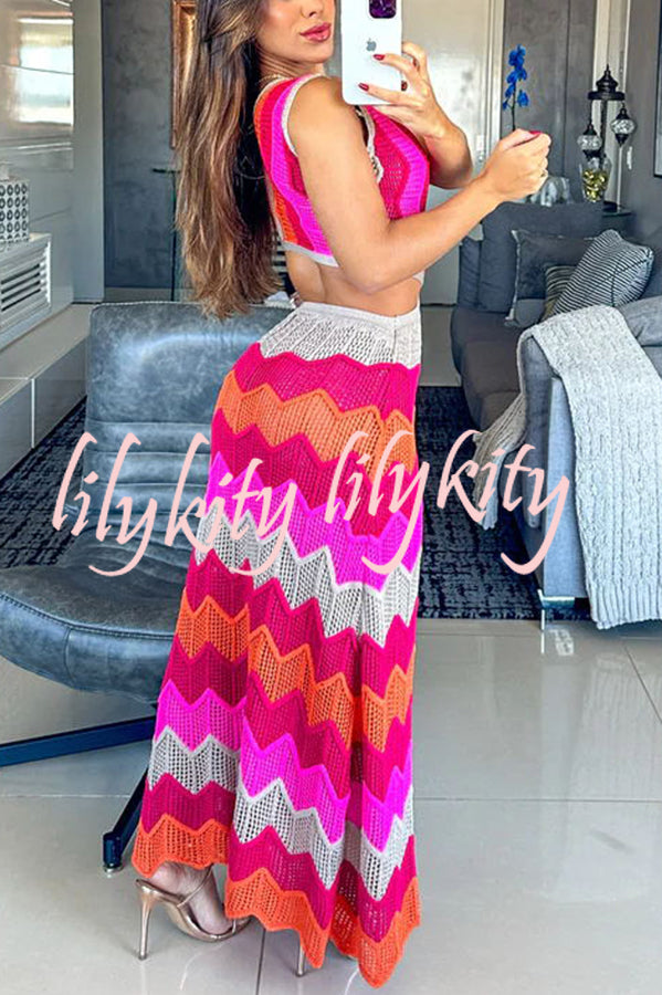 Darling Perfection Knit Texture Color Block Side Waist Cutout Maxi Dress