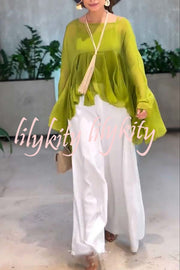 Romantic Journey Chiffon Ruffle Batwing Sleeve Top and Elastic Waist Pocket Loose Pants Set