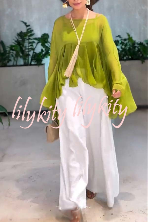 Romantic Journey Chiffon Ruffle Batwing Sleeve Top and Elastic Waist Pocket Loose Pants Set