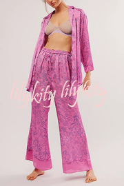 Unique Printed Lounge Long-sleeved Shirt and Elastic Waisted Baggy Pants Set