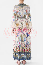 Fairy Tale Print V-Neck Lantern Sleeve Waist Maxi Dress