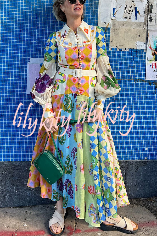 Bold and Chic Irregular Unique Print Balloon Sleeve Belt Shirt Midi Dress