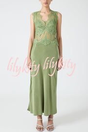 Wonderful Fusion Satin Lace Trim See-through Waist V-neck Drape Maxi Dress