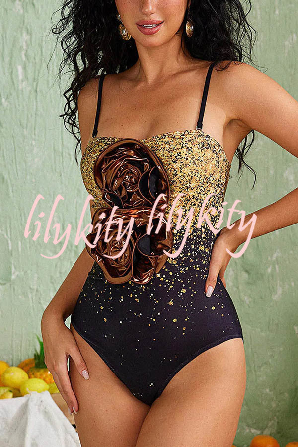 Ombre Sequin Print Metallic Fabric Flower Embellished Stretch One-piece Swimsuit