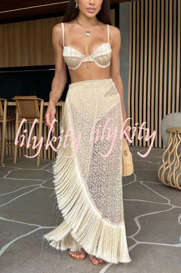 Solid High Waist Stretch Two-Piece Bikini and Fringed Cover Up Set