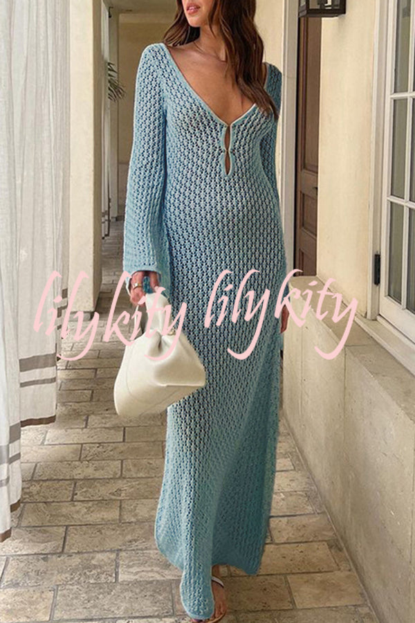 V Neck Button Down Knitted Cutout Long Sleeved Cover Up