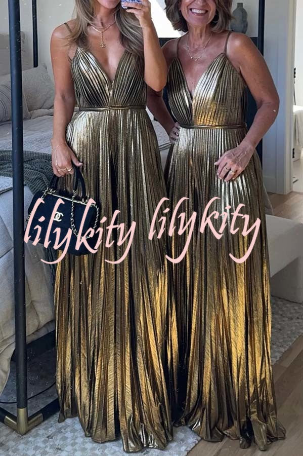 Disco Fashion Metallic Fabric Pleated Pocket Slip Wide Leg Jumpsuit