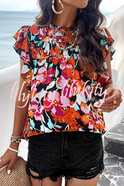 Floral Print Pleated Crew Neck Pullover Top