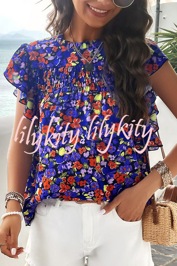 Floral Print Pleated Crew Neck Pullover Top