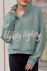 Stylish Patchwork Stand Collar Zippered Loose Pocket Sweatshirt