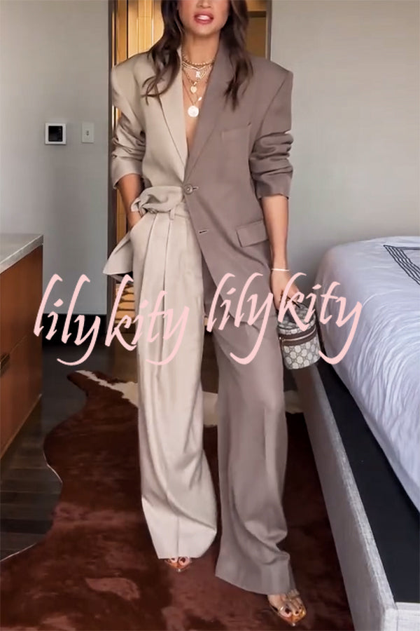 Girl Boss Avant-garde Contrast Colors Lapel Boyfriend Blazer and Pocketed Wide Leg Pants Set