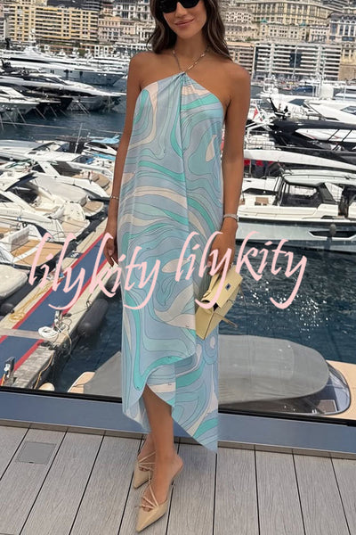 Elmhurst Satin Unique Print Chain Halter Draped Scarf Midi Dress