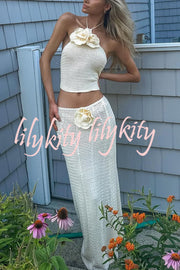 Blooming Sexy Knit Floral Halter Top and Stretch Crochet Maxi Skirt Cover-up Set