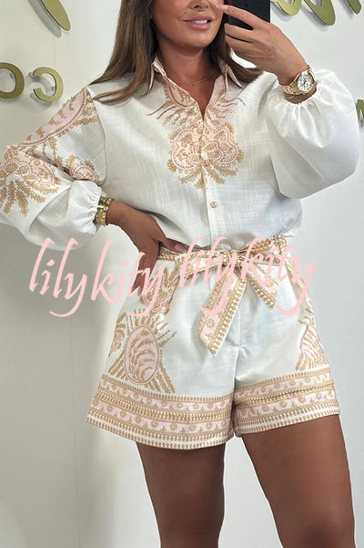 Linen Blend Unique Print Puff Sleeve Shirt and Waist Tie Loose Shorts Set