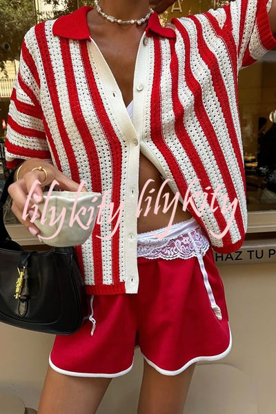 Fashionable Red and White Contrast Lapel Short-sleeved Knitted Top
