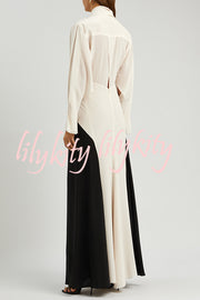 Fashion Contrast Color V-neck Tie High Waist Drape Maxi Dress
