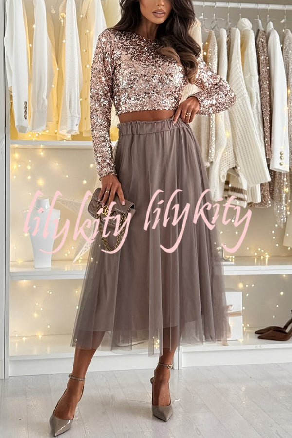 Holiday Party Sequin Long Sleeve Back Satin Tie-up Crop Top