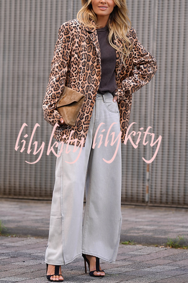 Catwalk Leopard Single Button Long Sleeve Pocketed Lapel Boyfriend Blazer