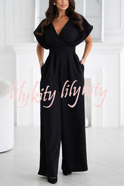 Solid Color V-neck Waist Casual Wide-leg Jumpsuit