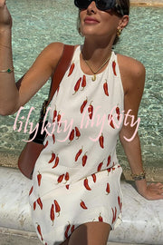 Spicy Summer Chili Pepper Unique Print Soft Fabric Halter Loose Mini Dress