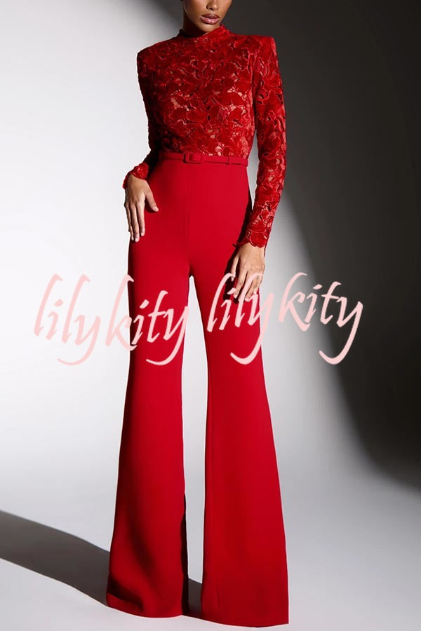 Eleanor Embroidered Floral Lace Long Sleeve Patchwork Belt Flare Jumpsuit