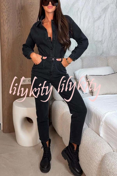 Downtown Diva Denim Button Up Long Sleeve Pocket Shirt Overalls Jumpsuit