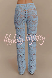Trena Crochet Knit Hollow Mid Rise Stretch Wide Leg Pants