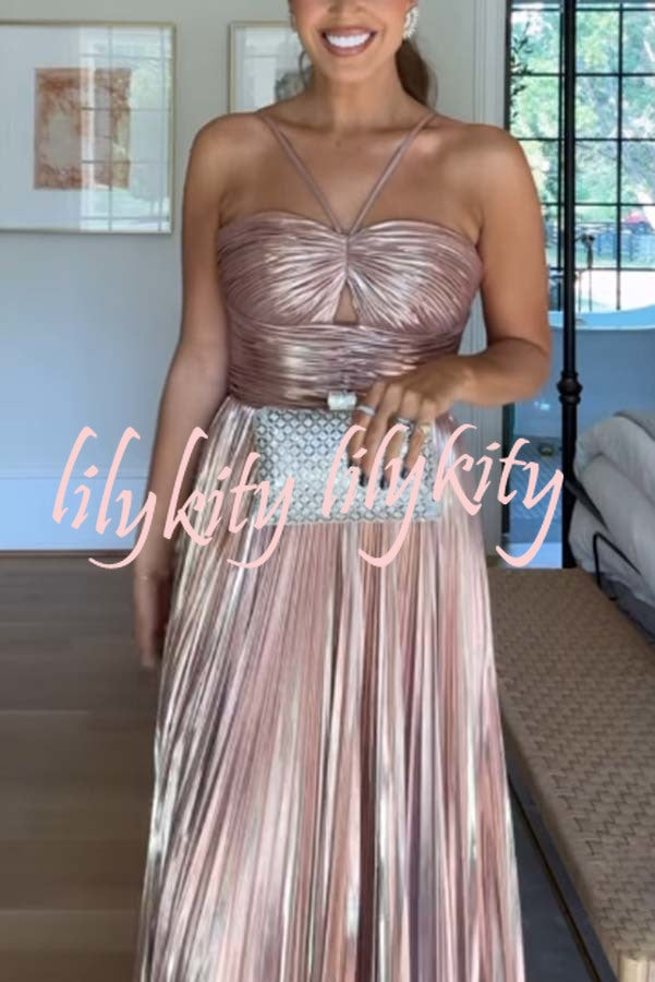 Make A Toast Metallic Fabric Cross Neck Cutout Slit Pleated Maxi Dress