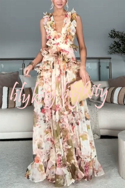 Wedding Season Chiffon Floral Ruched Plunge Open Back Maxi Dress