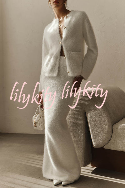 Solid Color Long-sleeved Button-pocket Knitted Jacket and Elegant Long Skirt Set