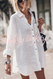 Go To The Beach Linen Blend Pocketed Long Sleeve Oversized Shirt