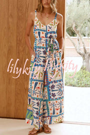 Unique Beach Vacation Print V-neck Suspenders Casual Wide-leg Jumpsuit