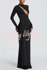 Sexy Cutout Fitted Long-sleeved Pleated Satin Ribbon Maxi Dresses
