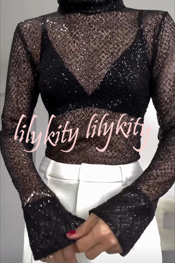 Shimmering Twilight Sequin Turtleneck Long Slit Sleeve H-line Blouse